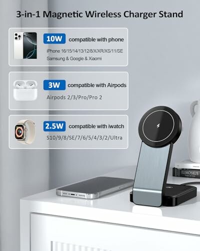 3-in-1 magnetic wireless charger stand with compatibility details