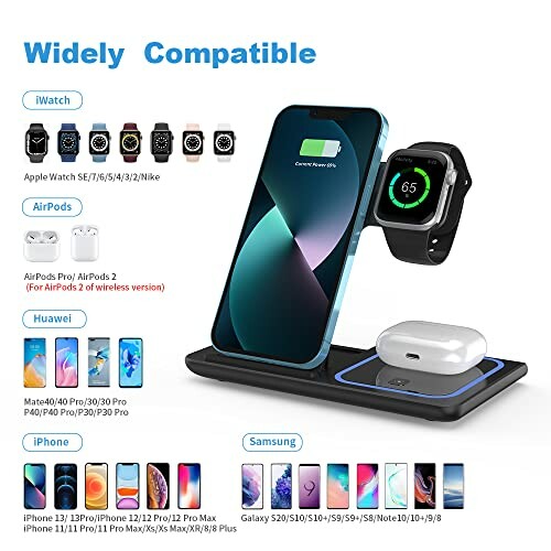 3-in-1 wireless charging station compatible with iWatch, AirPods, Huawei, iPhone, and Samsung devices.