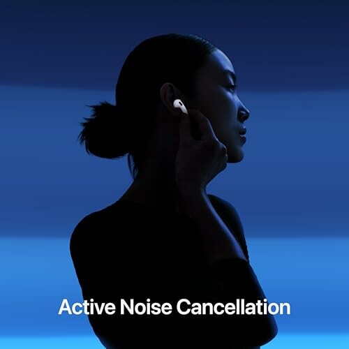 Silhouette of a person wearing earbuds with active noise cancellation text.