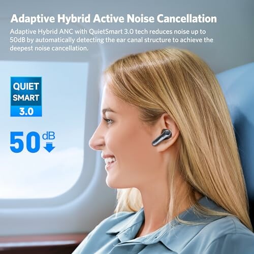 Woman wearing noise-cancelling earbuds on a plane.