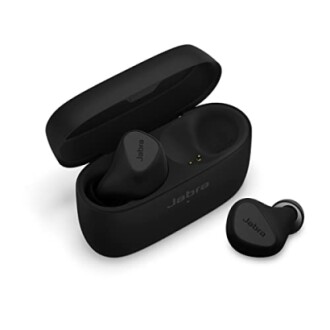 Black wireless earbuds with charging case.