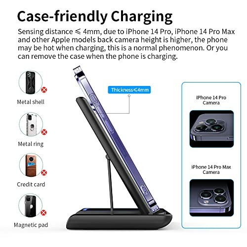 Wireless charger with phone showing case-friendly design.