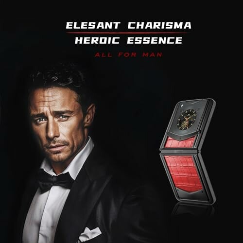 Advertisement featuring a man in a tuxedo with a luxury perfume bottle.