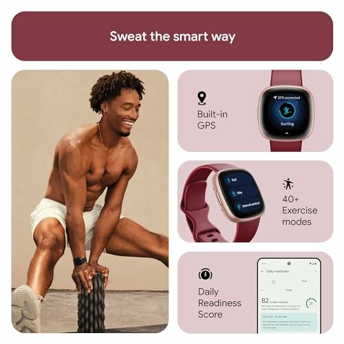 Man exercising with smartwatch features: built-in GPS, 40+ exercise modes, daily readiness score.