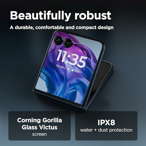 Foldable phone with Gorilla Glass Victus and IPX8 protection features.