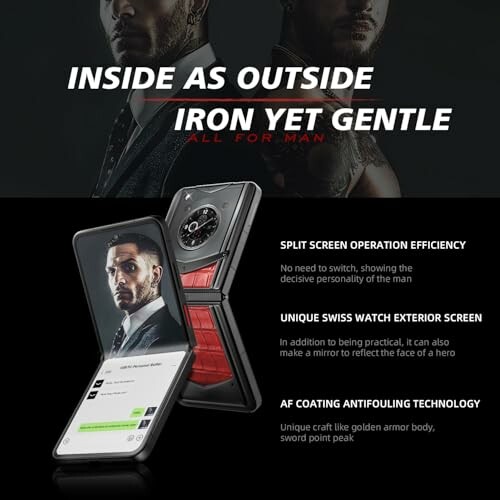 Foldable smartphone advertisement with unique features.