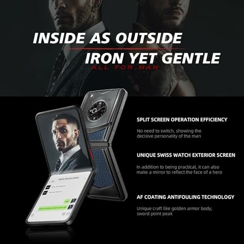 Ad for foldable smartphone with Swiss watch design and features.