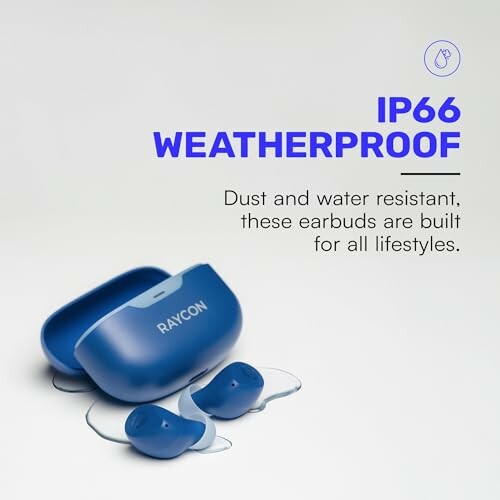 Blue Raycon earbuds with IP66 weatherproof rating.