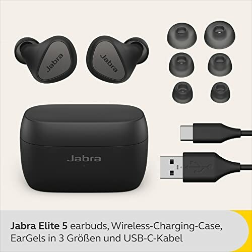 Jabra Elite 5 earbuds with charging case, ear gels, and USB-C cable