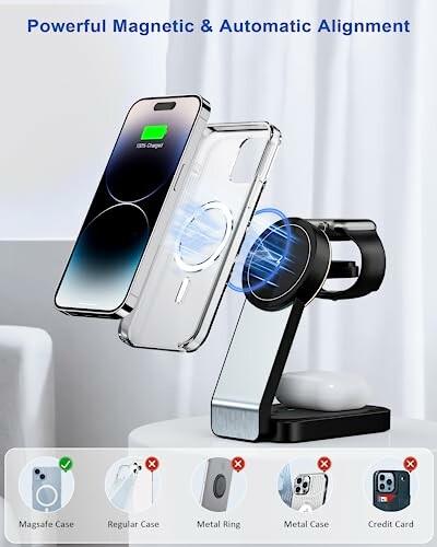 Magnetic phone charger with automatic alignment for iPhone.