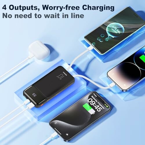 Multiple devices charging with a power bank featuring four outputs.