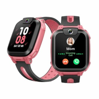 Two smartwatches with pink and black bands, displaying time and an incoming call.