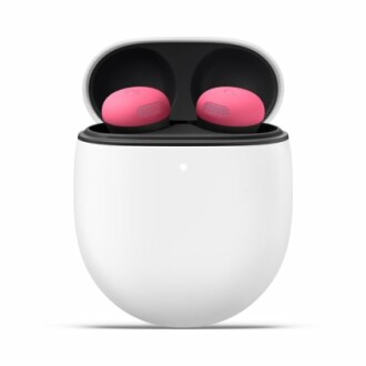 Pink earbuds in a white charging case