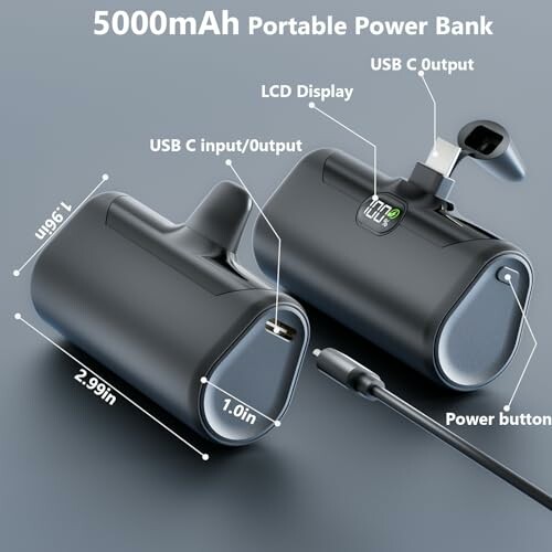 5000mAh portable power bank with USB C input/output and LCD display.