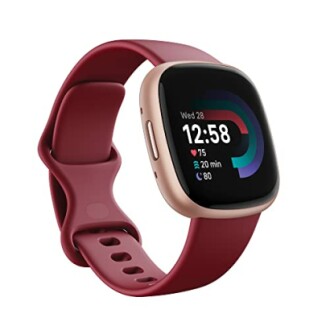 Red smartwatch with a rectangular display showing time and health metrics.