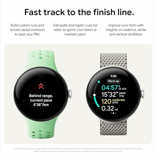 Two smartwatches showing fitness tracking data and features.