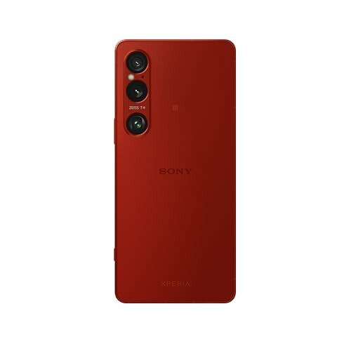 Back view of a red Sony Xperia smartphone with triple camera setup.