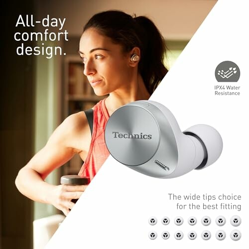 Woman using Technics wireless earbuds with all-day comfort design and IPX4 water resistance.