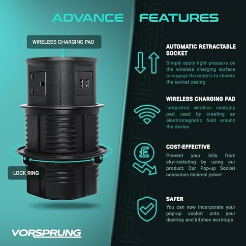 Vorsprung pop-up socket with wireless charging and safety features