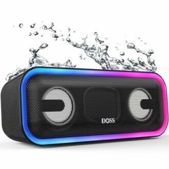 Waterproof portable Bluetooth speaker with LED lights and water splash.