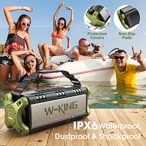 Group enjoying music with a waterproof speaker on a boat.