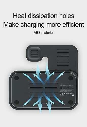 Wireless charger with heat dissipation holes and ABS material.