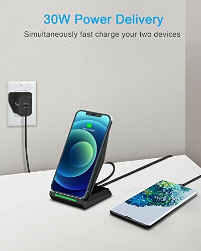 Wireless charger with two phones charging, 30W power delivery.