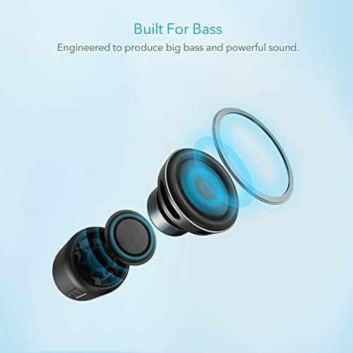 Diagram of wireless earbud highlighting bass and powerful sound features.