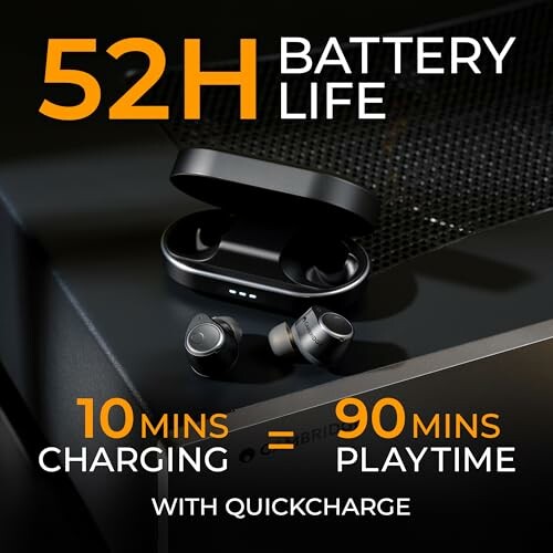 Wireless earbuds with charging case highlighting 52 hours battery life and quick charge feature.