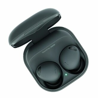 Wireless earbuds in an open charging case.