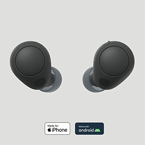 Wireless earbuds compatible with iPhone and Android.