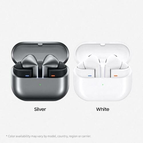 Silver and white wireless earbuds in charging cases