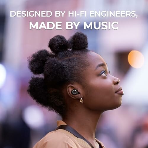 Woman wearing earbuds, with text about music and engineering.