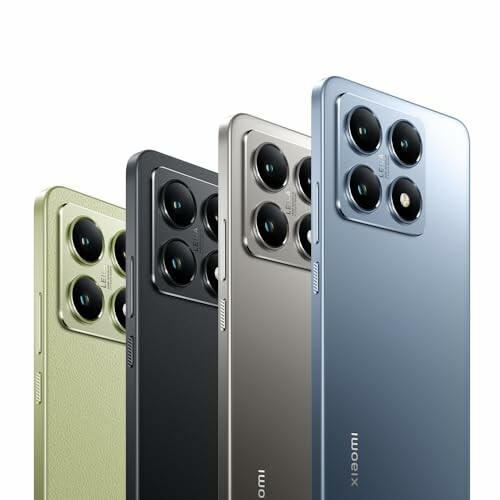 Four Xiaomi smartphones with quad cameras in different colors.